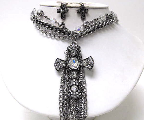 Multi crystal glass and metal balls drop crystal metal cross multi chain necklace earring set 