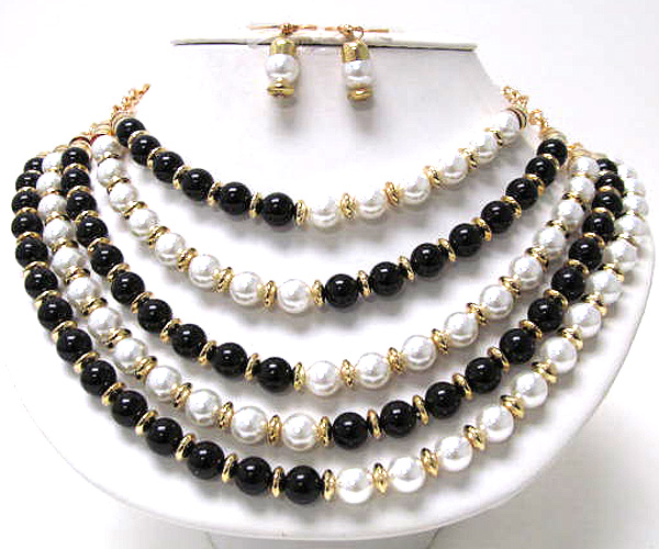 Five row pearl and small metal rings drop multi chain fashion necklace earring set