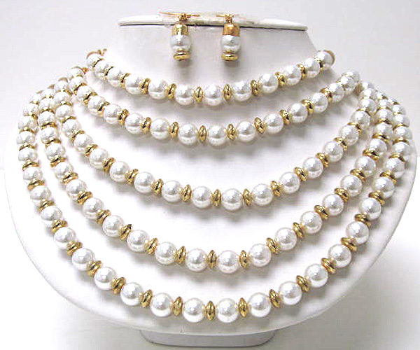 Five row pearl and small metal rings drop multi chain fashion necklace earring set