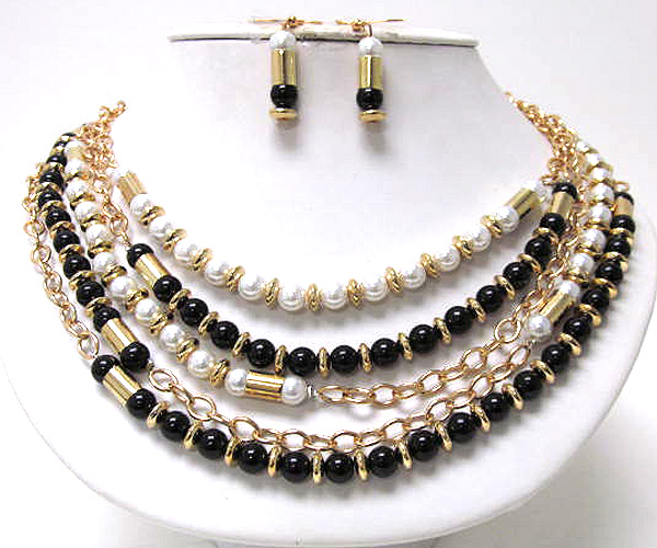 Five row pearl and small metal rings drop multi chain fashion necklace earring set