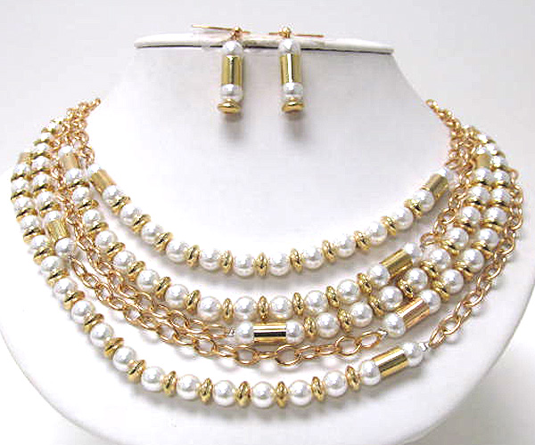 Five row pearl and small metal rings drop multi chain fashion necklace earring set