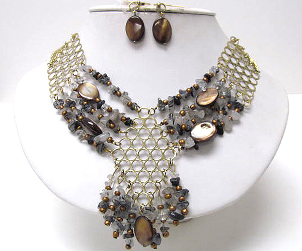 Multi chain and drop metaldesigner style with multi chip stone and shell chain necklace earring set