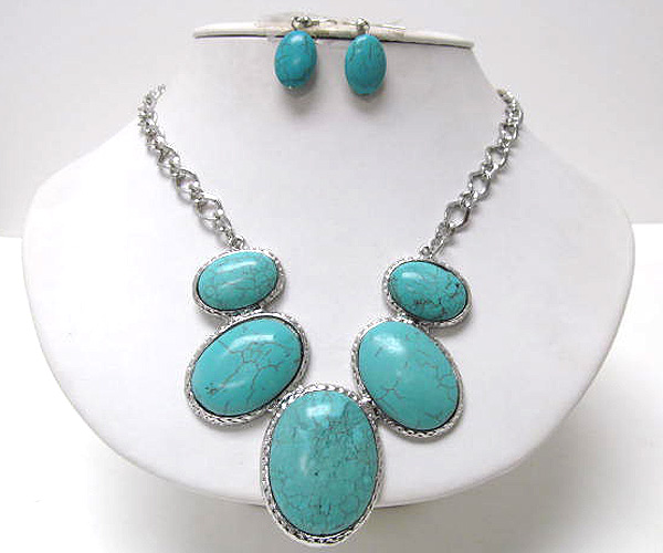 Five natural oval turquoise stone chain necklace earring set