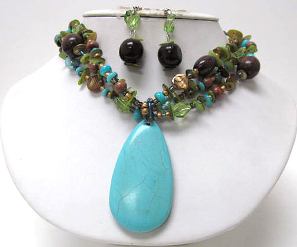 Multi natural stone with seed beads and round wood drop large turquoise stone tear drop pendant necklace earring set