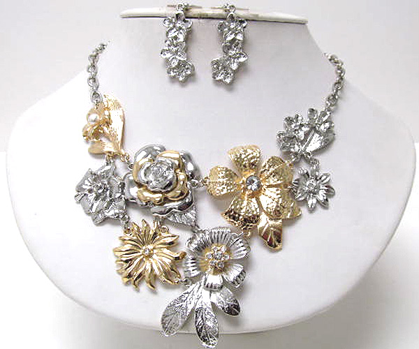 Multi crystal center multi metal flowers fashion necklace earring set