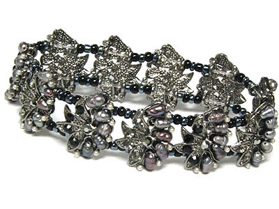 Fresh water pearl and crystal deco stretch bracelet