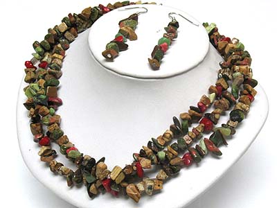 Multi strand natural stone piece link necklace and earring set