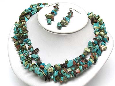 Multi strand natural stone piece link necklace and earring set