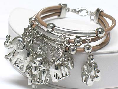 Multi elephant charm dangle triple cord link bracelet