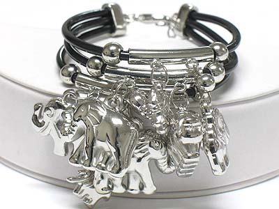 Multi elephant charm dangle triple cord link bracelet