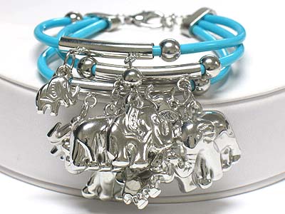 Multi elephant charm dangle triple cord link bracelet