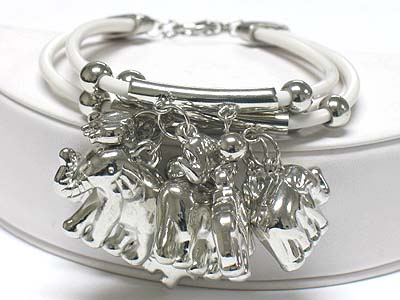 Multi elephant charm dangle triple cord link bracelet