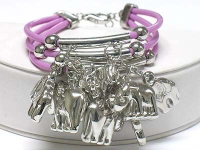 Multi elephant charm dangle triple cord link bracelet