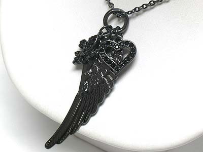 Crystal fluer de lis heart and wing dangle long necklace