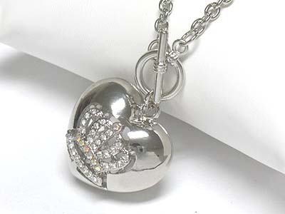 Crystal crown on puff heart pendant long necklace