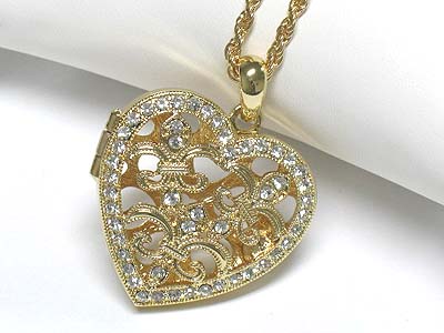 Crystal deco metal filigree heart locket long necklace