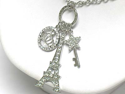 Crystal eifel tower crown key dangle long necklace