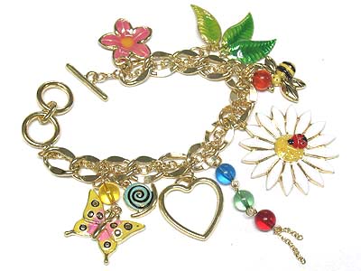 Enamel metal flower and bugs theme charm dangle bracelet