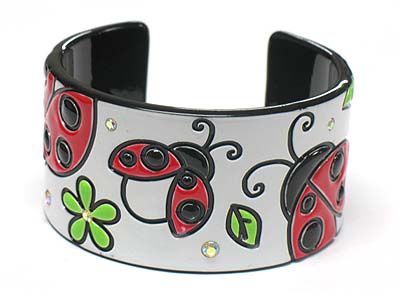 Crystal stud ladybugs and flower acryl bangle