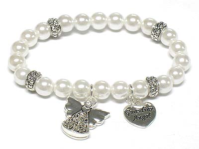 Guardian angel charm pearl beads stretch bracelet