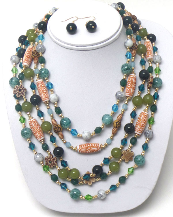 Multi layer and mixed natural bead necklace earring set