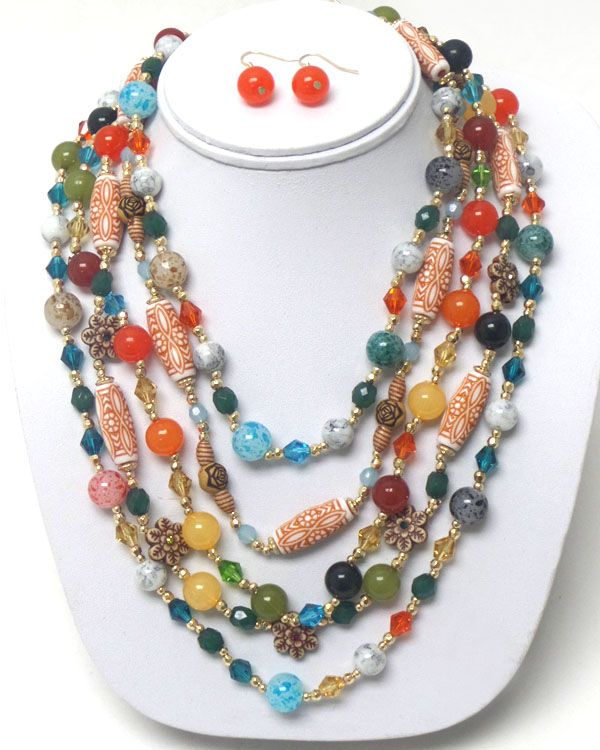 Multi layer and mixed natural bead necklace earring set