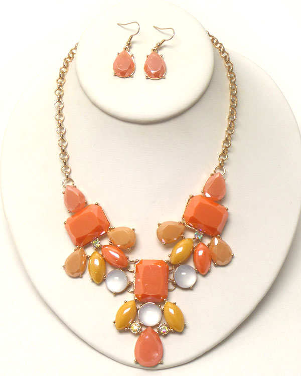 Multi shape facet stone mix cocktail necklace earring set