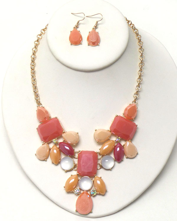 Multi shape facet stone mix cocktail necklace earring set