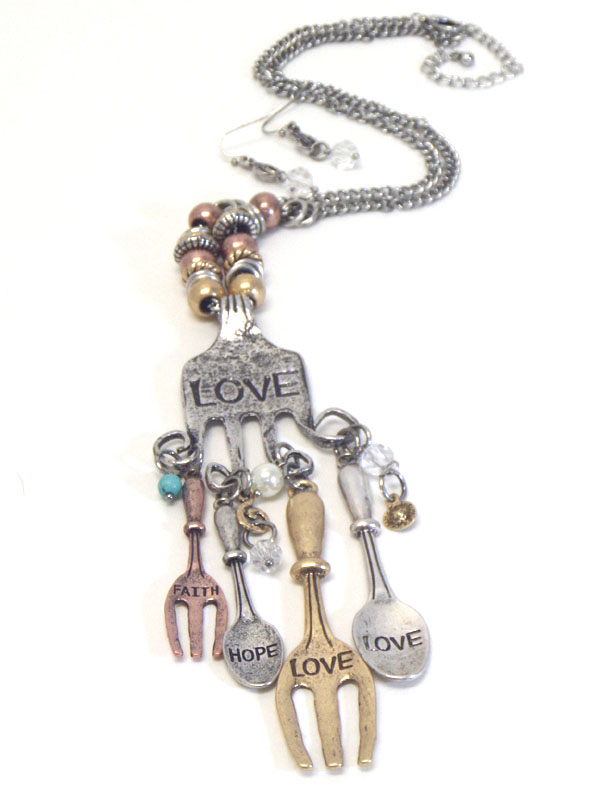 Religious inspiration multi fork and spoon charm pendant necklace earring set - love hope faith