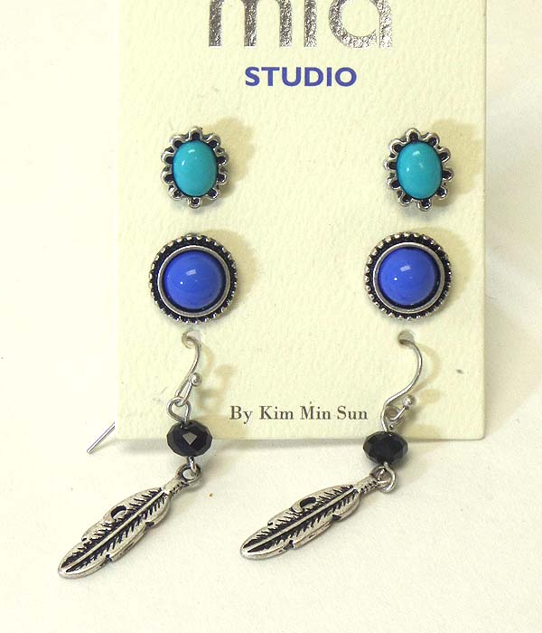 Metal feather and epoxy metal button 3 pair earring set