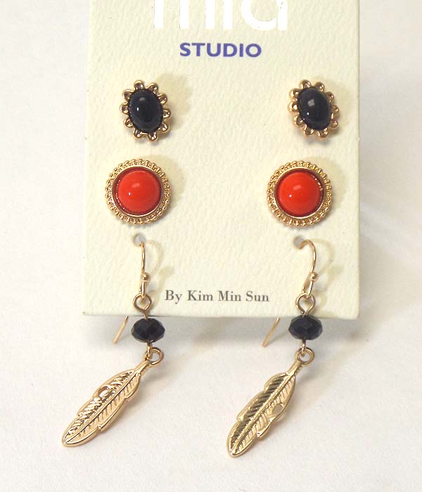 Metal feather and epoxy metal button 3 pair earring set