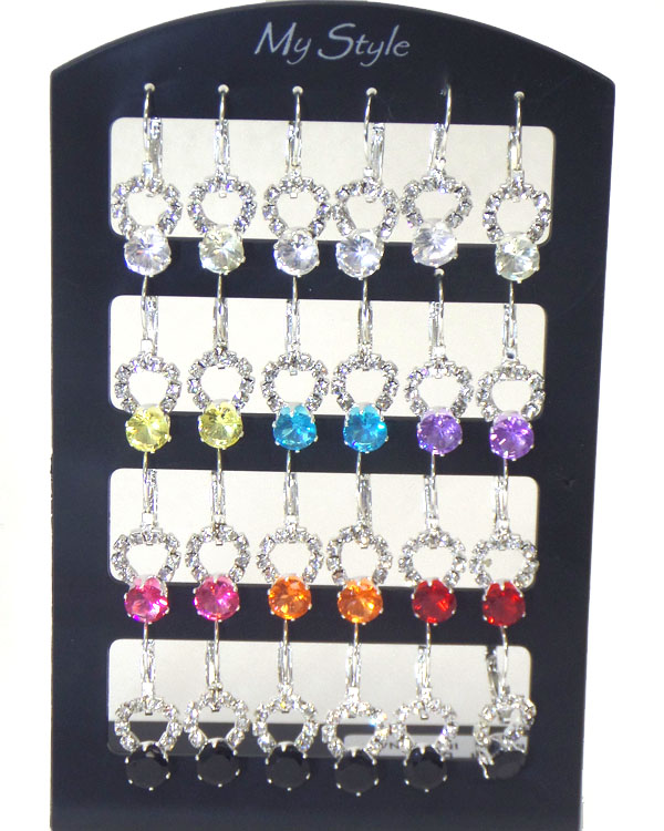 Sell by dozen - multi color crystal assort 12 pair earring set  with display stand mens jewelry