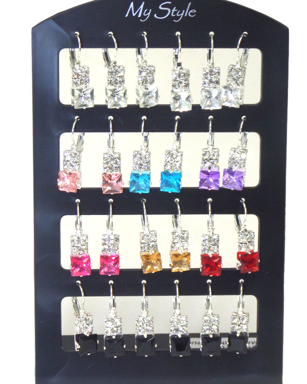 Sell by dozen - multi color crystal assort 12 pair earring set  with display stand mens jewelry