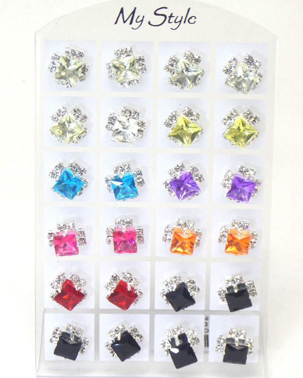 Sell by dozen - multi color crystal assort 12 pair earring set with display stand mens jewelry