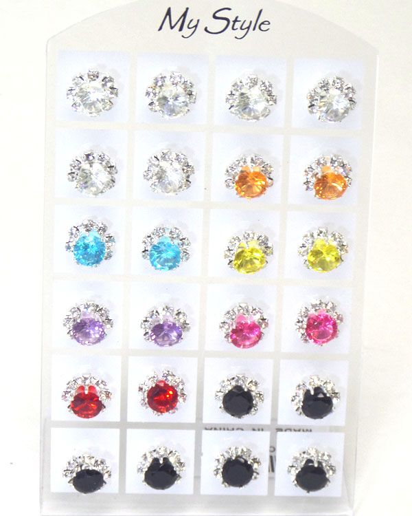 Sell by dozen - multi color crystal assort 12 pair earring set with display stand mens jewelry