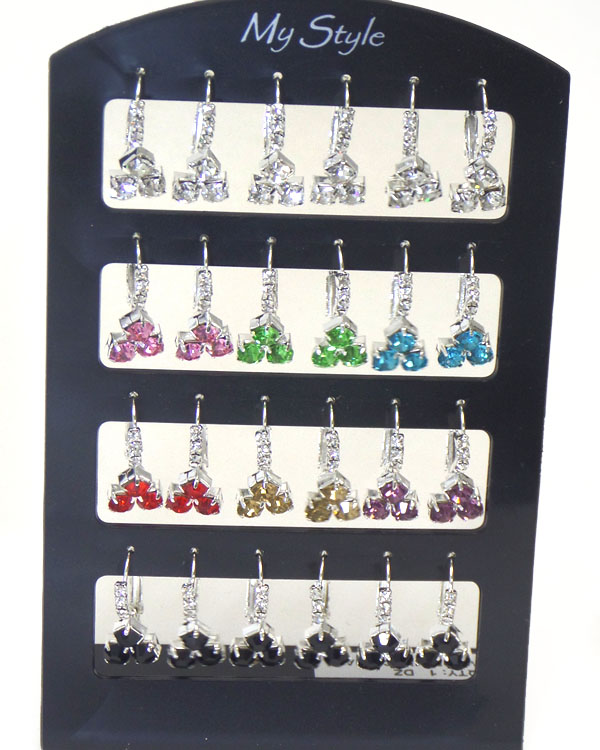 Sell by dozen - multi color crystal assort 12 pair earring set  with display stand mens jewelry