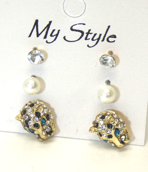 Crystal jaguar and pearl 3 pair earring set