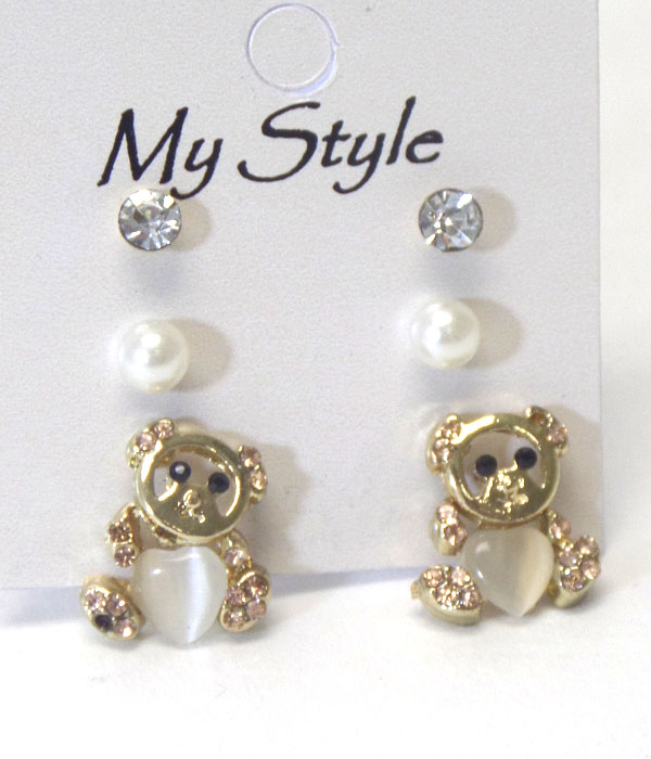 Crysal bear and pearl 3 pair earring set