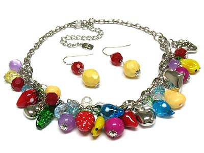 Multi fruit and metal heart and acrylic bead charms necklace and earring set