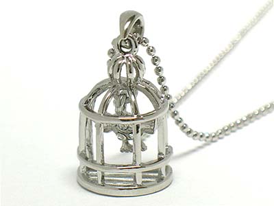 Made in korea whitegold plating crystal bird in the cage pendant necklace