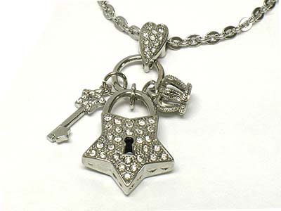 Crystal star lock key and crown hamony pendant necklace 