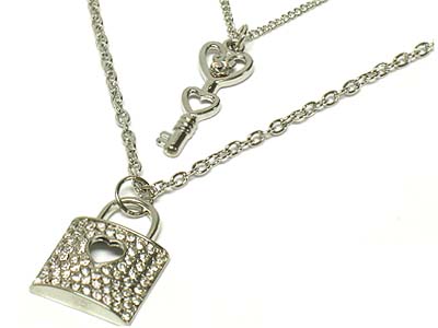 Crystal lock and key double strands necklace