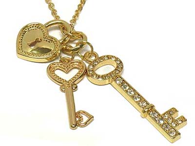 Crystal dual key and lock pendant necklace