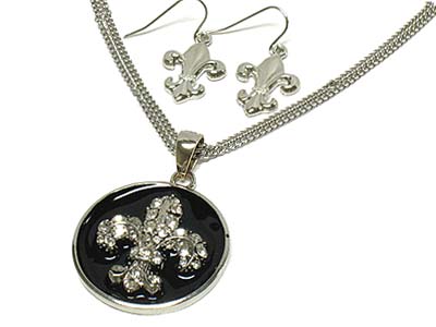 Crystal fleur de lis round disk pendant double strands necklace and earring set