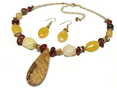 Agate pendant and glass bead deco seed bead necklace and earring set 