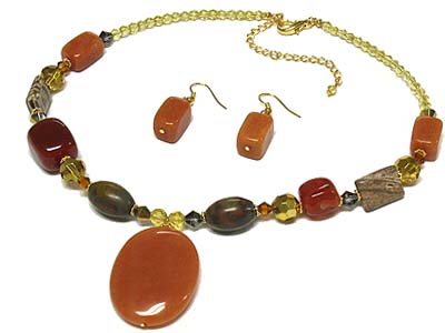 Semi precious round pendant and acrylic bead necklace and earring set