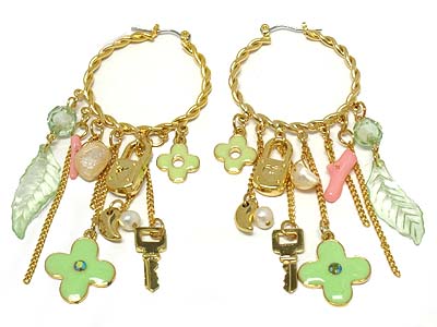 Multi material dangles screwed round hoop earring - hoops