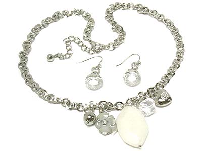 Precious stone nugget epoxy flower and casting heart deco chain necklace and earring set 