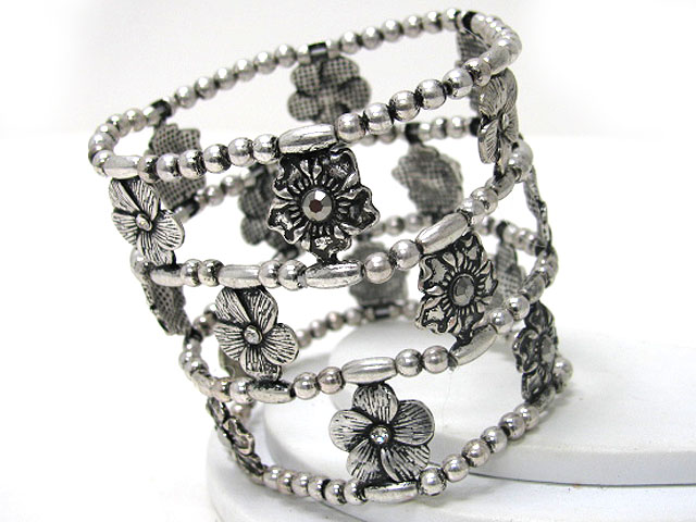 Crystal stud metal flower and multi row metal ball stretch bracelet