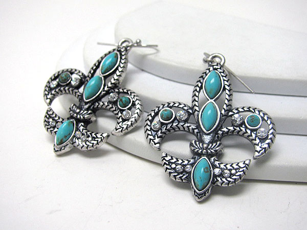 Turquoise and crystal deco fluer de lis earring